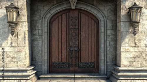 Ornate wooden arch door in stone building architectural detail fantasy entrance