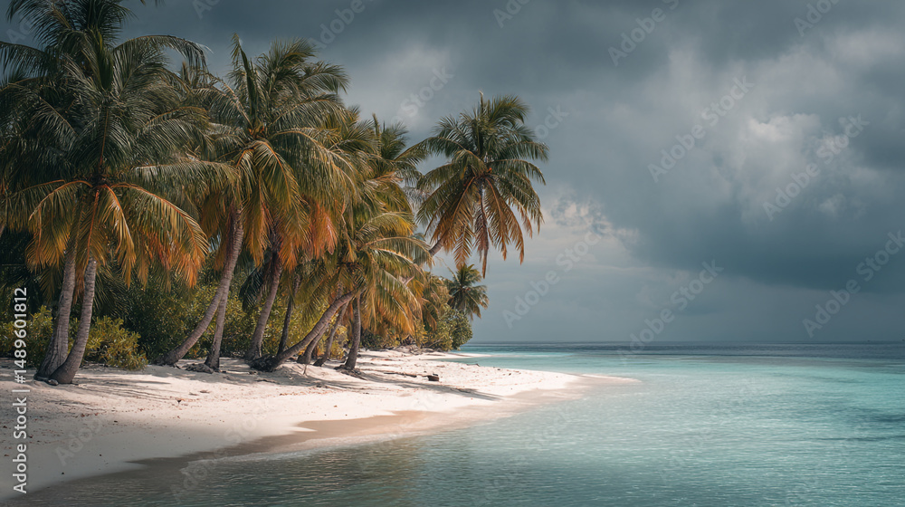 Fototapeta premium Beautiful tropical beach paradise with palm trees white sand and turquoise ocean water scenic landscape