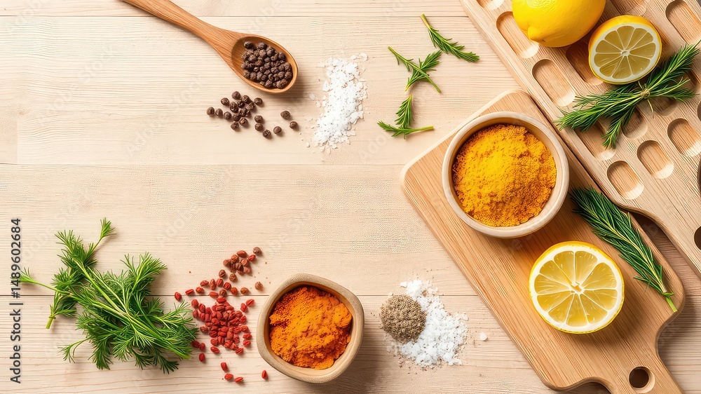 Aromatic Culinary Ingredients Arranged on Wooden Surface Aromatic Culinary Ingredients Arranged on Wooden Surface