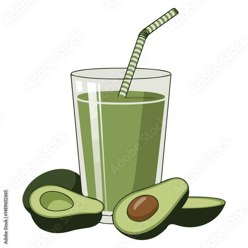 Healthy avocado smoothie in glass with fruit slices isolated vector illustration on white background