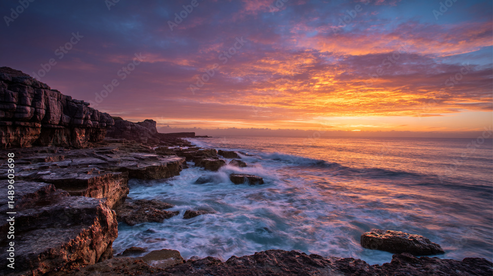 Obraz premium Seascape sunset photography portland bill dorset uk coastline ocean waves rocky shore landscape scenic view