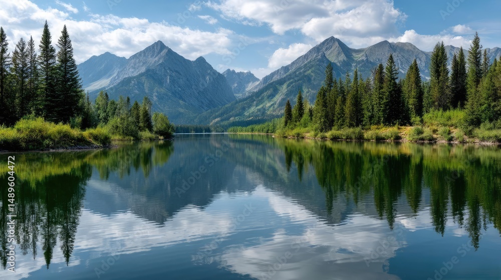 Scenic view of lake in pine forest with cloudy summer sky concept. Breathtaking mountain lake with evergreen trees and clear reflections. Scenic view of lake in pine forest with cloudy summer sky concept. Breathtaking mountain lake with evergreen trees and clear reflections.