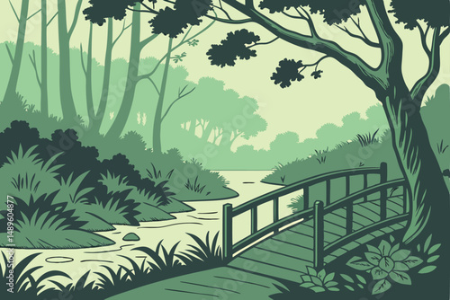 109 lush green forest landscape, wooden walkway bridge, overgrown foliage, mystical atmosphere, serene pond, tranquil scene, natural lighting, detailed textures, cinematic composition