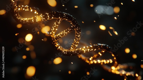 Golden DNA helix in motion against a dark background