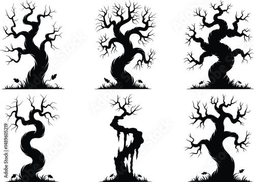Spooky Halloween Tree Silhouette clipart SVG Bundle – Perfect for Halloween Night Scenes. Creepy Tree, Twisted Halloween Tree, Dead Tree, Haunted Tree, Halloween Forest, Gothic Tree, Dark Forest Tree.