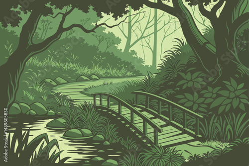 109 lush green forest landscape, wooden walkway bridge, overgrown foliage, mystical atmosphere, serene pond, tranquil scene, natural lighting, detailed textures, cinematic composition