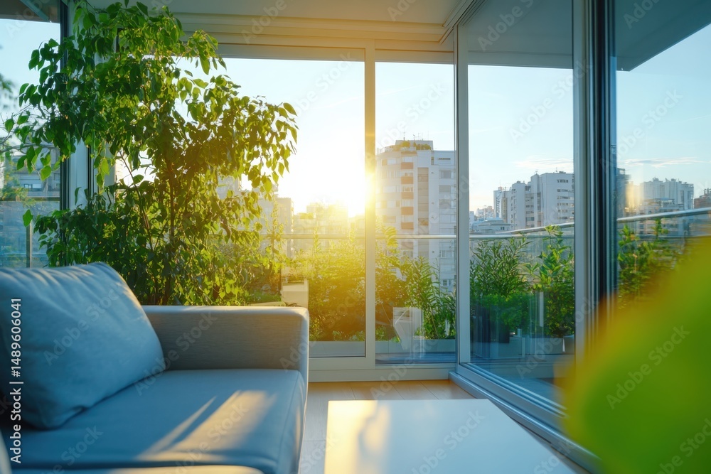 Fototapeta premium Sunset living room view urban apartment photography bright environment interior perspective