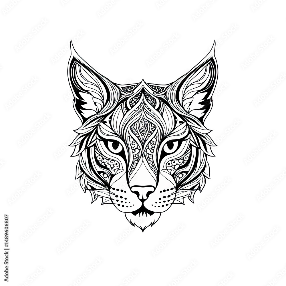 Fototapeta premium Detailed monochrome line art presents a captivating feline face in intricate, stylized patterns.
