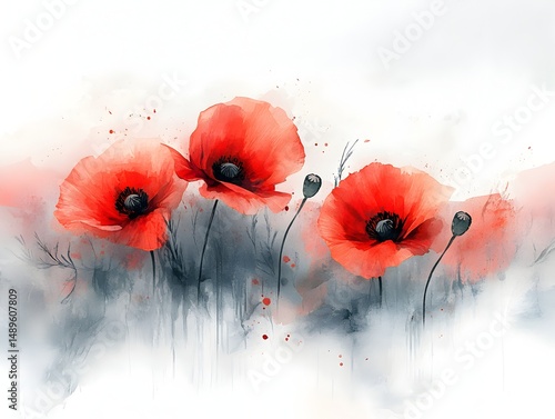 Fototapeta Naklejka Na Ścianę i Meble -  Vibrant red poppies blossom beautifully in a watercolor painting with soft grey background showcasing delicate details and artistic expression.