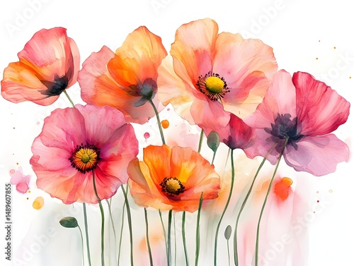 Delicate watercolor painting of vibrant pink and orange poppies blooming beautifully together in a soft light sp garden.