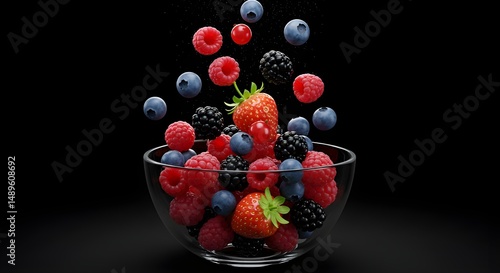 Mixed Berries Dropping into a Clear Bowl