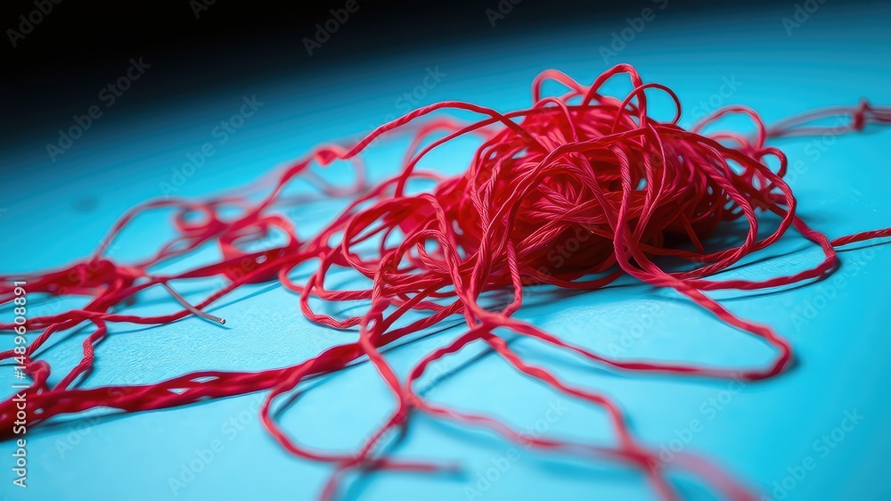 Tangled Red String on a Blue Background A Close-Up Study of Texture and Chaos Tangled Red String on a Blue Background A Close-Up Study of Texture and Chaos