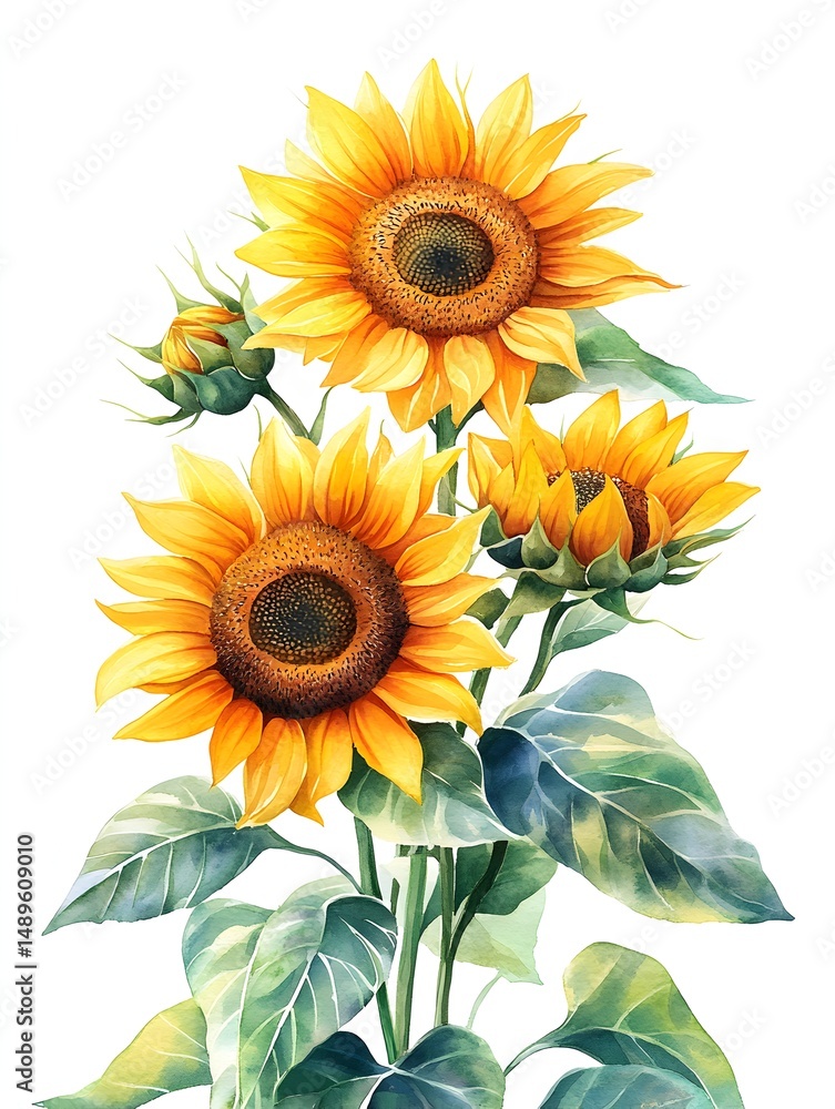 Naklejka premium A vibrant watercolor painting showcases three blooming sunflowers with buds and lush green leaves against a clean white background.