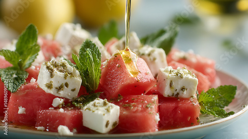 Refreshing watermelon feta salad with mint. Slow-motion olive oil drizzle over vibrant ingredients. Healthy, summer dish