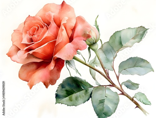 Fototapeta Naklejka Na Ścianę i Meble -  A single peach-colored rose with a bud and lush green leaves is elegantly depicted in a watercolor painting style on a white background.