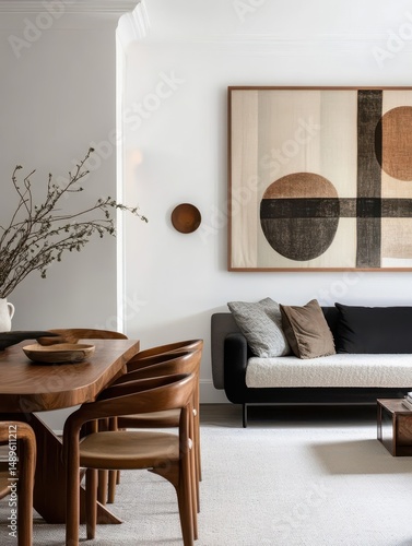 A modern elegant dining room shows art and furniture