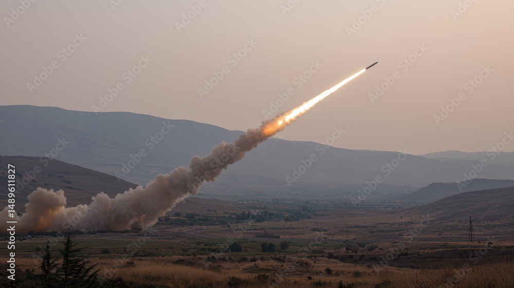 Obraz premium Rocket Launch Over Mountain Landscape at Sunset in Distant Horizon