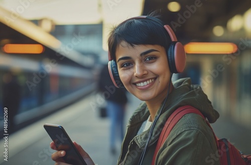 Portrait of an Indian tourist with short hair and a bright smile, wearing headphones and using a smartphone at a modern train station