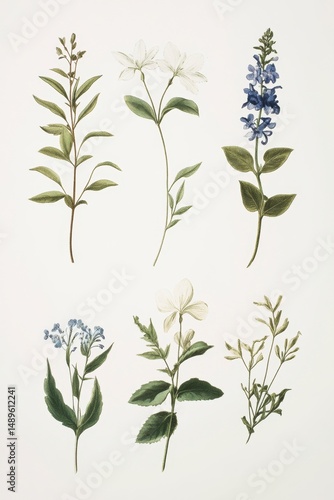Detailed Botanical Illustration of Various Delicate Flowering Plants