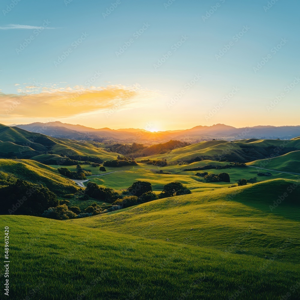 Fototapeta premium Sunset over rolling green hills scenic landscape photography nature tranquil environment aerial view