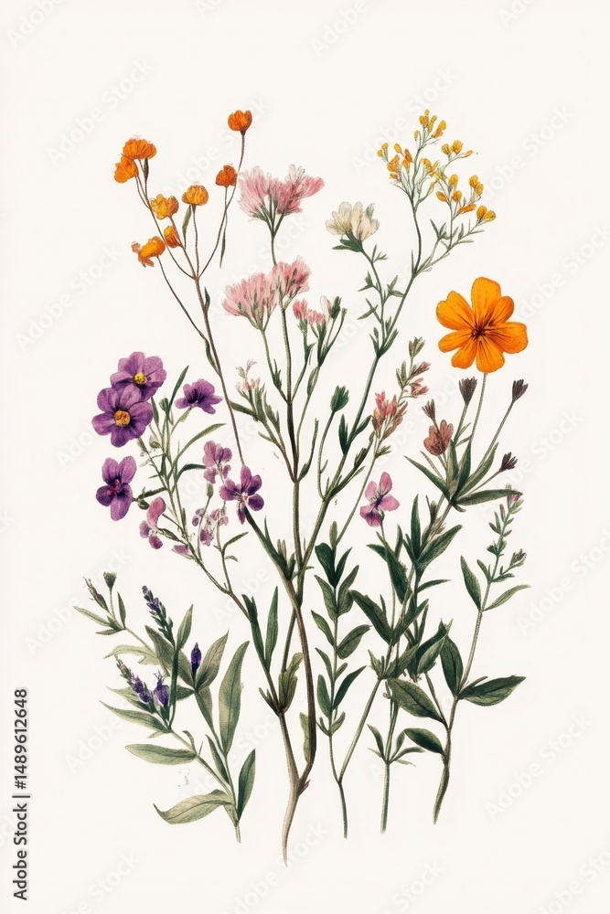 Fototapeta premium Beautiful Botanical Illustration of Colorful Wildflowers on White Background