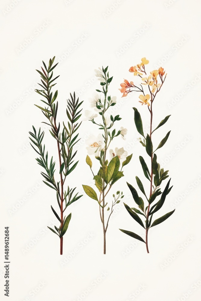Naklejka premium Botanical Illustration of Fresh Herbs and Delicate Flowers
