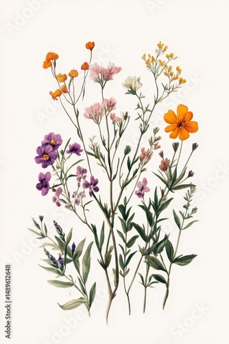 Beautiful Botanical Illustration of Colorful Wildflowers on White Background