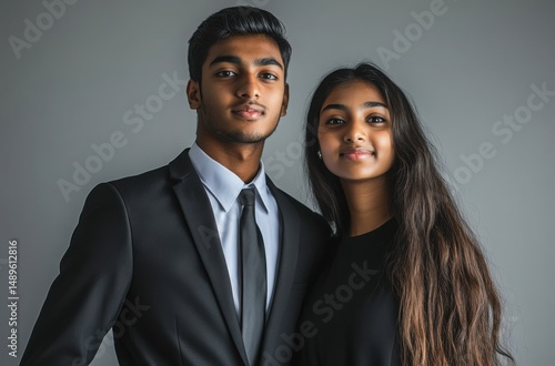 Portrait of two confident 25-year-old South Indian college students one male, one female in clean, professional attire