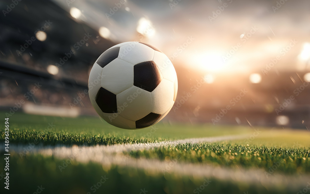 Fototapeta premium Soccer Ball Floating Above a Field with Stadium Lights in Background