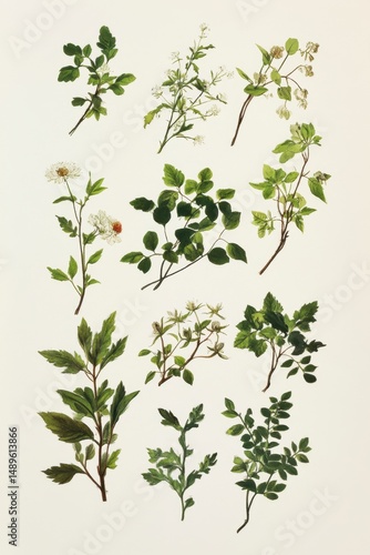 Botanical Illustrations of Various Green Plants and Herbs