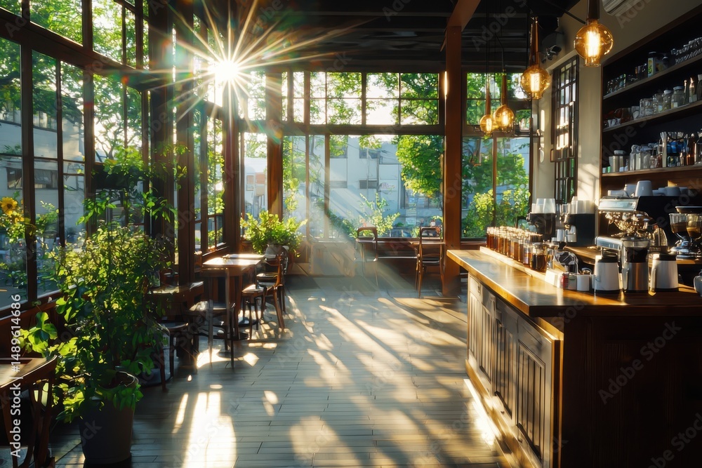 Fototapeta premium Sipping morning coffee in a cozy urban embracing relaxation and bright perspectives in inviting interior design