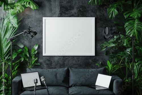 Modern podcasting studio mockup. Lush greenery surrounds a dark-gray couch with two laptops, microphones, and a blank frame