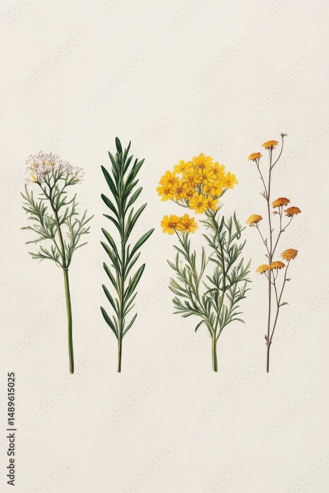 Fototapeta premium Botanical Illustration of Various Herb Plants on Neutral Background