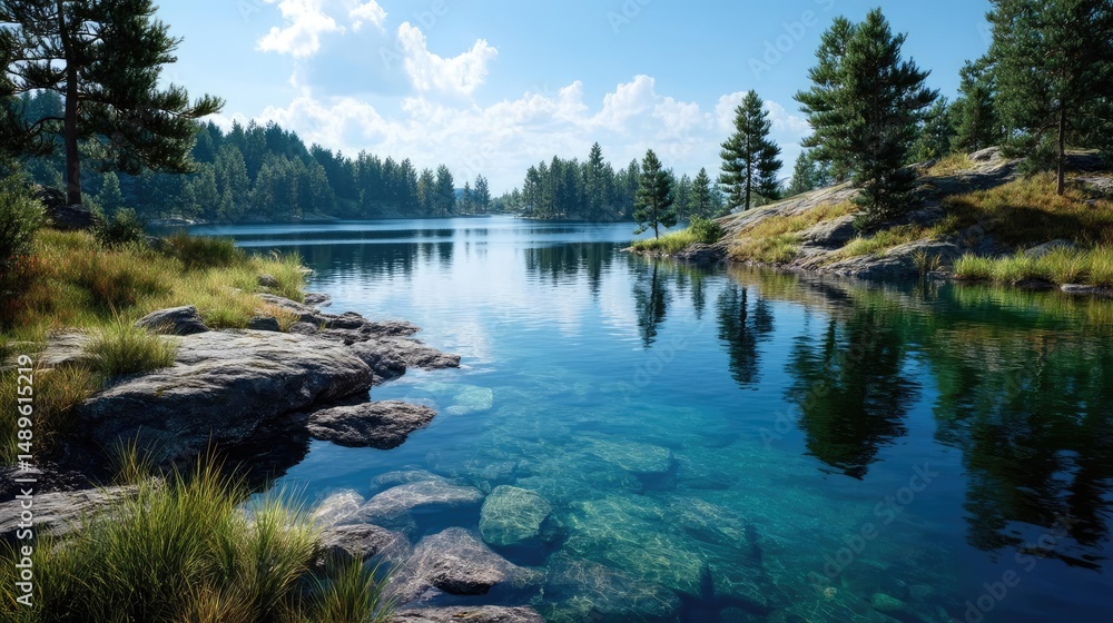 Obraz premium Scenic view of lake in pine forest with reservoir and sky concept. Tranquil lake surrounded by lush trees and rocky shorelines.