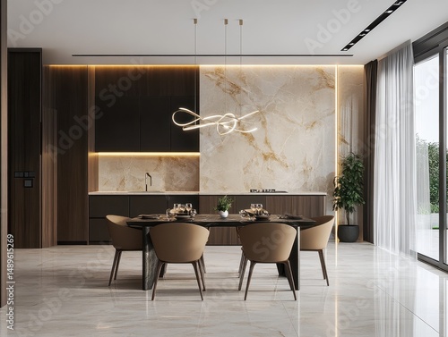 A modern kitchen dining room featuring an elegant interior design