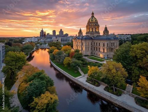 Capitol reflected in canal at sunset