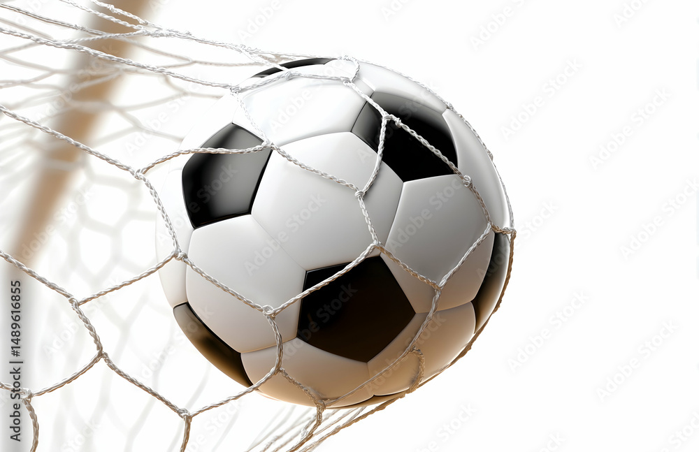 Fototapeta premium Soccer Ball Hitting Goal Net with White Background