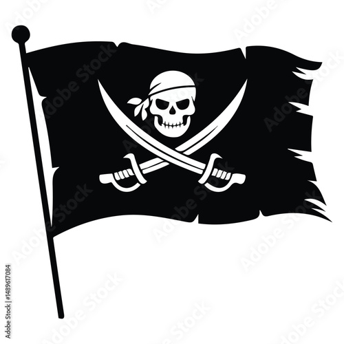 Classic pirate flag with skull and crossbones isolated vector illustration on white background
