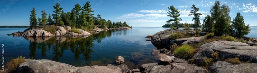 Naklejka premium Scenic view of lake in pine forest with reservoir and sky concept. A serene view of an island with trees reflecting in calm waters.