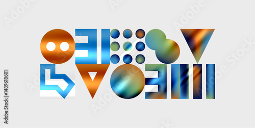 Abstract geometric shapes form colorful design. Circles, squares, triangles combine creating visual interest. Modern aesthetic, simple background.