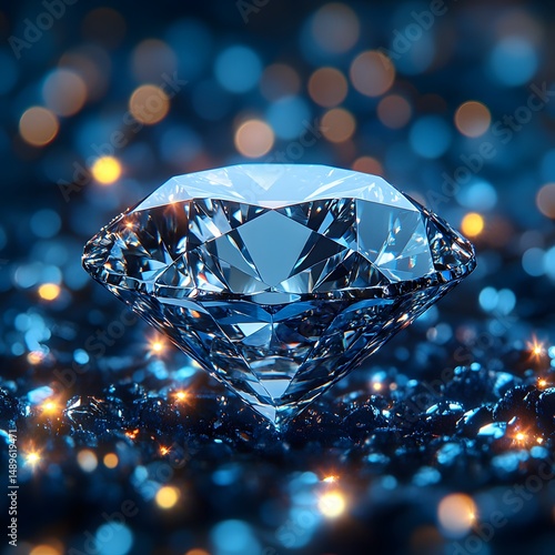 Radiant blue diamond on dark background with glittering lights