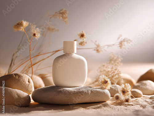 White Perfume Bottle with Dried Flowers and Smooth Stones