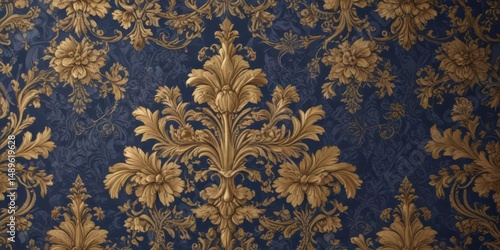 Intricate damask-style floral wallpaper, royal blue & gold hues, seamless, art, wallpaper