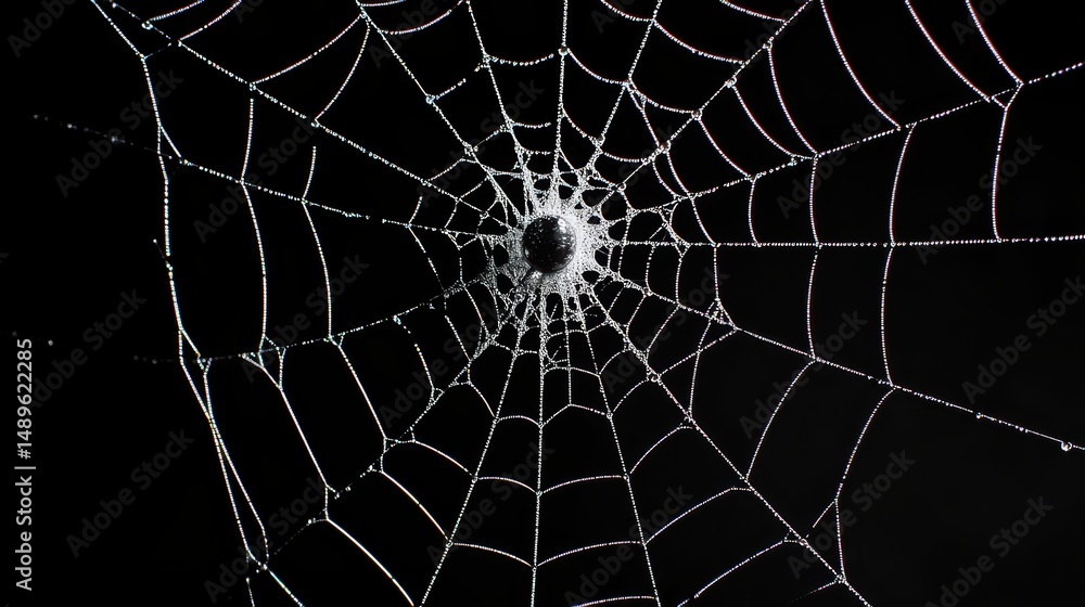 Obraz premium Intricate Spider Web with Dew Drops Against a Black Background