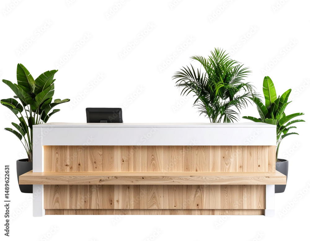 Modern Lobby Counter in White and Wood Finish with Touches of Greenery, Isolated PNG Modern Lobby Counter in White and Wood Finish with Touches of Greenery, Isolated PNG