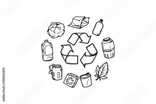 Realistic green recycling line art and black color