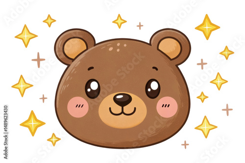 PNG Cute cartoon bear face with stars surrounding a smiling expression