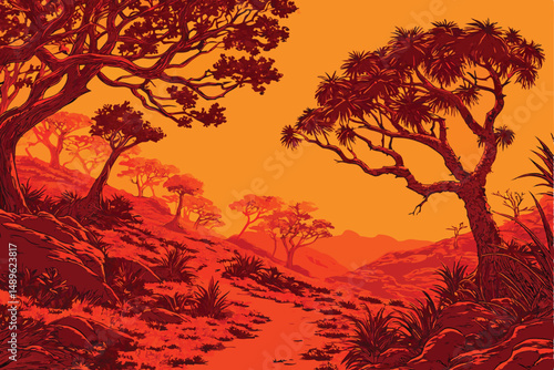 3 abstract landscape, surreal, tropical trees, vibrant orange sky, dramatic lighting, digital art style, photorealistic, highly detailed, epic, cinematic