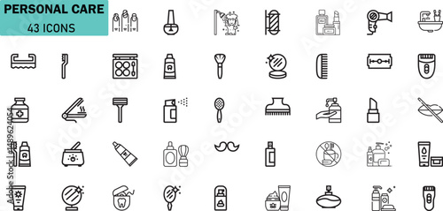 Personal Care Vector Icons Set. 43 Line Style Grooming, Hygiene, and Beauty Symbols