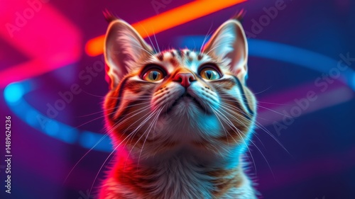 A curious tabby cat looks upward against a vibrant neon pink and blue light background.
